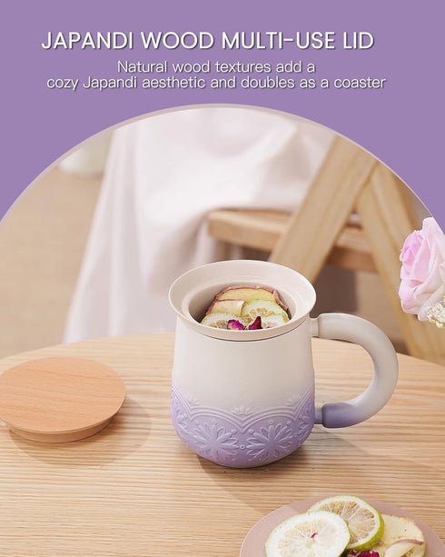 11 oz ZENS Tea Mug with Infuser and Lid for Loose Leaf Tea Steeper, Embossed Ceramic Tea Cup with Strainers. Wood Lid