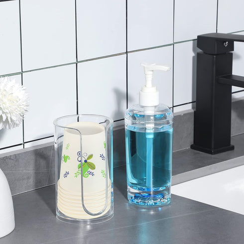 19.6 oz Countertop(1 Set) Patelai Mouthwash Dispenser with Cup Holder Clear Acrylic Refillable Mouth Wash Pump Bottle