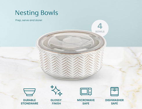 KooK Ceramic Nesting Bowls with Lids, Embossed Food Storage Containers, Set of 4, Ivory