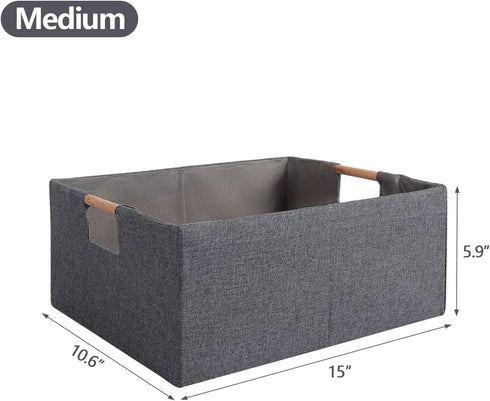 Fabric Storage Bin Box, Foldable Cotton Linen Basket with Wooden Handles, Gray, Medium for Laundry, Clothes, Blankets