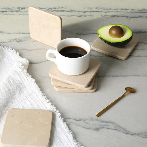 Set 6 3.9" inches Koville of Natural Marble Coasters for Coffee Table with Holder, Beige Yellow Marble Coaster Square