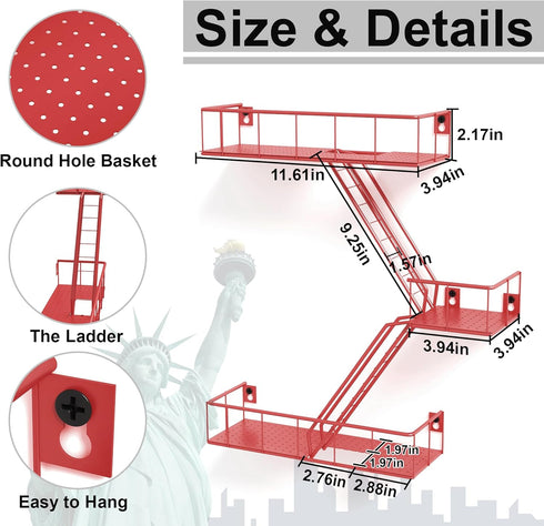 3 Fire Escape Shelf - Tier Metal Red Fire Escape Wall Shelves with Baskets, New York Action Figurine Display Shelf