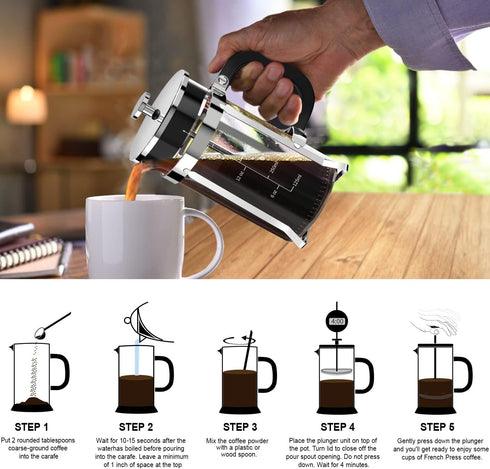 French Press Coffee Maker, 304 Stainless Steel, 4 Filters, Borosilicate Glass, 21 Ounce, Silver