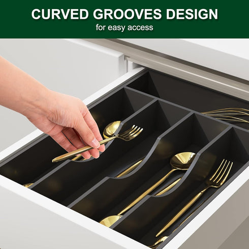 Bellsal Black Utensil Organizer, 10 Inch Silverware Tray for Drawer, Cutlery Organizer with 5 Compartment Small Narrow