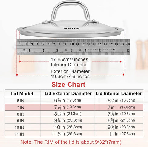 Duxtop Cookware Glass Replacement Lid, 7inch Interior Diameter, 7-5/8inch Exterior Diameter