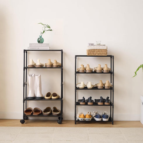 LUCKY OCEAN 5-Tier 16.9W Small Shoe Rack with Wheels, Slide-Out Metal Shoe Racks Storage, Anti-Rust Coating, Stackable