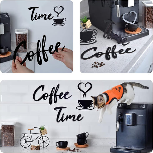 4eN Modern Coffee Time Wall Art & Sign Set - 4 Pieces Wooden MDF for Kitchen & Cafe