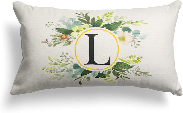 Monogram Letter L Throw Pillow Covers, 12x20 Inch Floral Greenery Spring Decorative Pillowcase for Couch