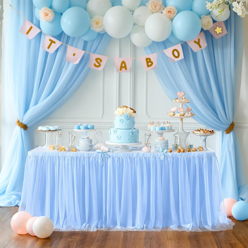 Baby Blue Table Skirt for Baby Shower Boy 6ft Light Blue Tulle Tutu Table Cloth for Elephant Birthday Party Decorations