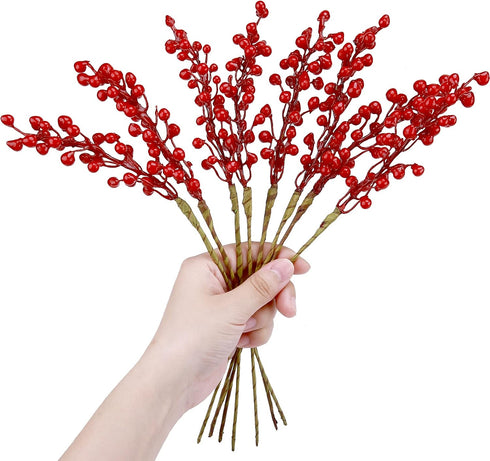 16 Pack GREENTIME Artificial Red Berry Stems Holly for Christmas Tree Decorations for New Year's Eve Decor, Holiday