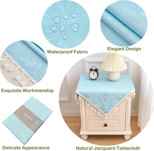 24x24 Inch Square Tablecloth Blue Leaves Pattern with Fringe Edge Waterproof Washable Jacquard Fabric Nightstand End