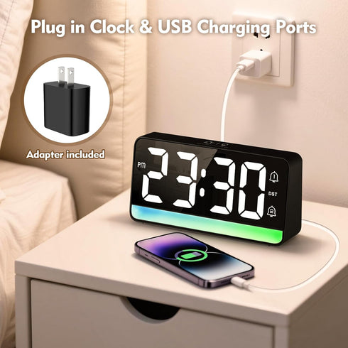 ALANAS 7" Snooze, Large Digital Alarm Clock with RGB Color Changing Night LightDual Alarms, USB Charging, Adjustable