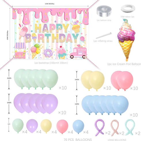Ice Cream Themed Birthday Party Decorations for Girls, Balloon Garland Arch Kit with Happy Birthday Backdrop.