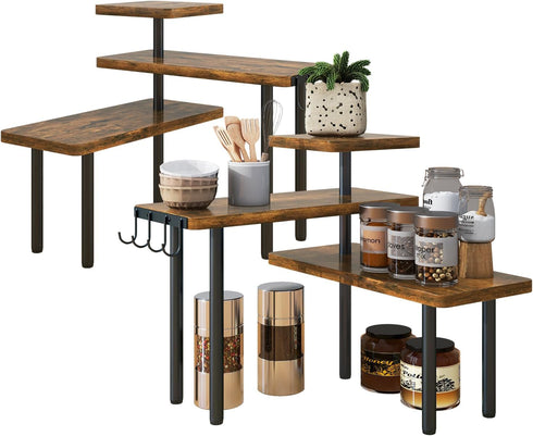 IBUYKE Countertop Organizer,3-Tier Spice Racks,Set of 2,Kitchen Counter Corner Shelf,4 Side Hooks,Adjustable