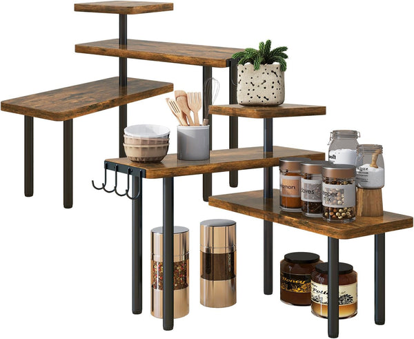 IBUYKE Countertop Organizer,3-Tier Spice Racks,Set of 2,Kitchen Counter Corner Shelf,4 Side Hooks,Adjustable