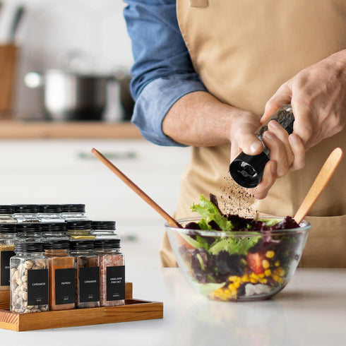 AOZITA 14 Pcs Glass Spice Jars with Black Lids, 4oz Square Bottles, Airtight Metal Caps, Silicone Funnel