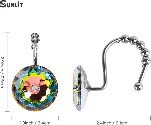 Sunlit Luxury Design Glitter Round Colorful Diamond Crystal Gem Bling Shower Curtain Hooks - Rust Proof Metal