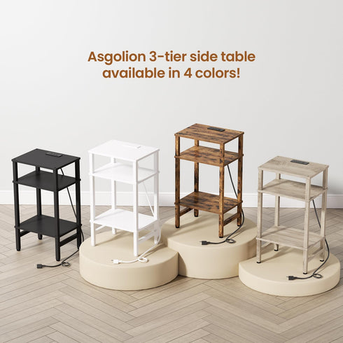 3 Asgolion Tier End Table with Storage and Fast Charging Station, Tall Narrow Nightstand with Type C and USB Port