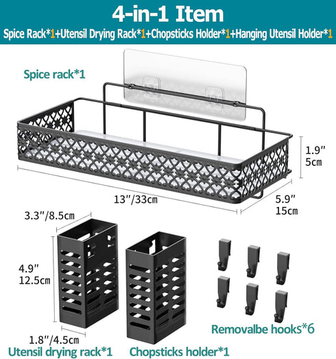 Wall Mount Hanging Spice Rack, Over Stove Spice Organizer Shelf with 6 Hooks and Utensil Holder, Black