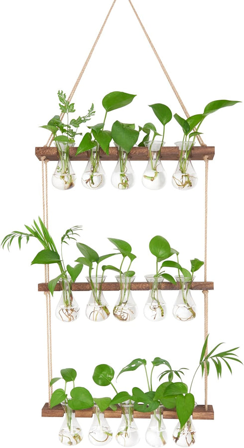 XXXFLOWER Wall Hanging Propagation Station with Wooden Stand 5 Bulb Vase 3