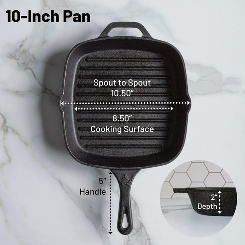 Backcountry Iron 10.5 Inch Square Grill Pan, Medium Pre-Seasoned Cast Iron