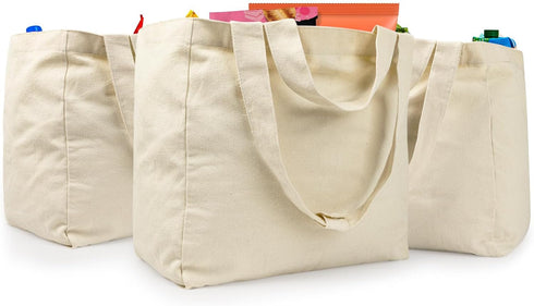 VitaSerena Canvas Grocery Bags with Dual Handles(3pc XL), Large Reusable Shopping Bags for