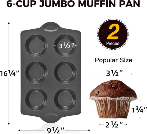 HONGBAKE Nonstick Jumbo Muffin Pan, 2 Pack Large Cupcake Tin for Baking, 3.5dia, 6 Cup, Extra Thick