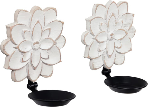 Set Farmhouse Candle Sconces of Two, Handcarved Wall Candle Holders Decorative, Flower Pattern, Distressed Finish