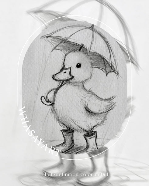 12x16 Inch, Framed Duck Canvas Wall Art Cute Baby Duck Sketch Illustration with Umbrella Print, Minimalist Black