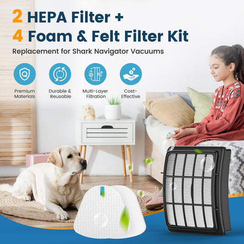2 + 4 Pack Filters for Shark Vacuum Navigator Lift Away, Replacement ZU503AMZ NV350 NV351 NV352 NV355 NV356E