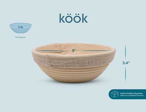 9 Inch 12 Set 2 Kook Banneton Bread Proofing Basket - Complete Piece Sourdough Basket Kit with Liners and Scrapers