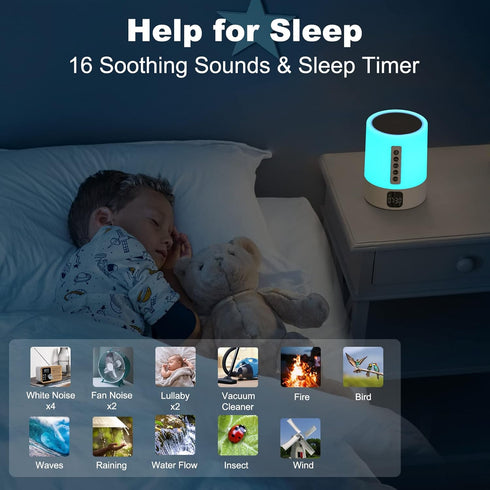 Dimmable 48 10-15 Night Light Bluetooth Speaker Alarm Clock, Sound Machine with White Noise, Touch Bedside Lamp, Warm