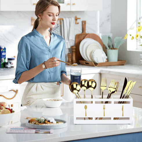 Ayiaren Wood Flatware Silverware Caddy, White Cutlery Holder for Kitchen Utensils Organizer