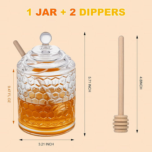 TPSUIPA 9 oz 2 Clear Crystal Glass Honey Pot with Dipper Sticks - No Drip Honey Dispenser Jar with Lid, Syrup Honey