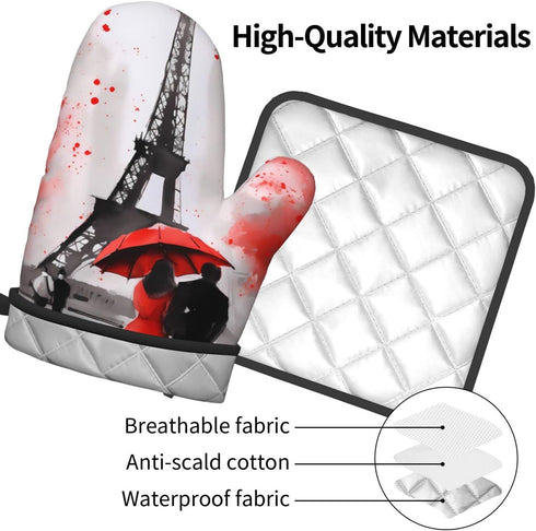 Oven Mitt and Pot Holders 2 Sets, Non-Slip BBQ Gloves with Eiffel Tower Flower Kitchen Design