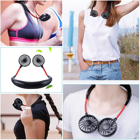 Portable Neck Fan, USB Rechargeable with 3 Adjustable Speeds and LED Lights - Black