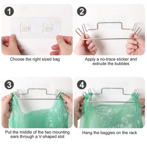 Stainless Steel Trash Bag Holder for Kitchen Cabinets Doors and Cupboards, Under Sink Bag Hanger, Portable Trash can
