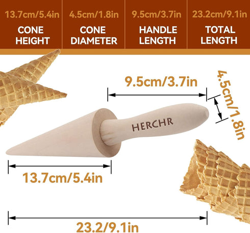 Wood Cone Roller, Pizzelle Roller, Krumkake Ice Cream Cone Mold, Natural Waffle Cone Pastry Tool for Baking