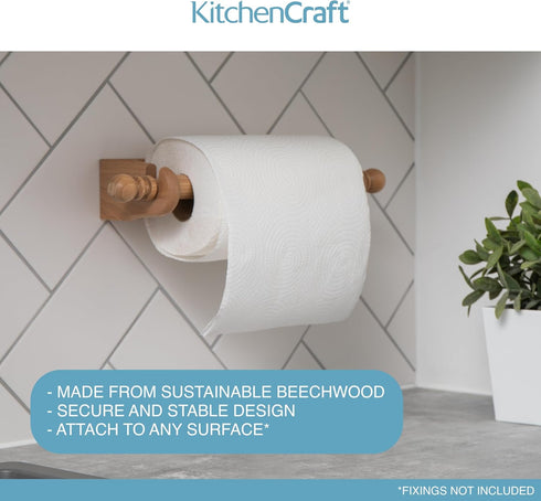 KitchenCraft 25 cm Wall Mounted Kitchen Roll Holder to Fit Paper Towels, Beechwood, Brown