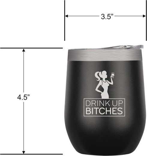 Chris's Stuff 12 oz Wine Tumbler - Iced Coffee Mug with Splash-Proof Lid, Stainless Steel, Black Quote