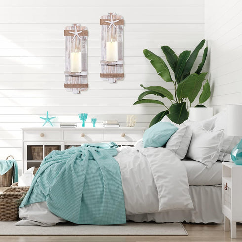SUJUN (Set 2) Disdressed Starfish Wall Candle Sconces of - Beach Decor, Ocean Themed Wall-Mount Candleholders, Nautical
