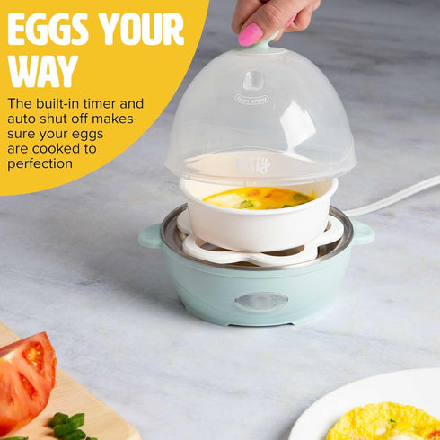 5-Egg Tasty Mini Rapid Egg Cooker, Capacity for Perfect Hard Boiled Eggs or Omelets, Auto Shut Off, Aqua