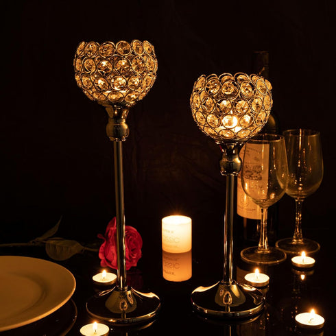 VINCIGANT Silver Crystal Votive Candle Holders, Set of 2 for Table Centerpieces & Tealight Candles