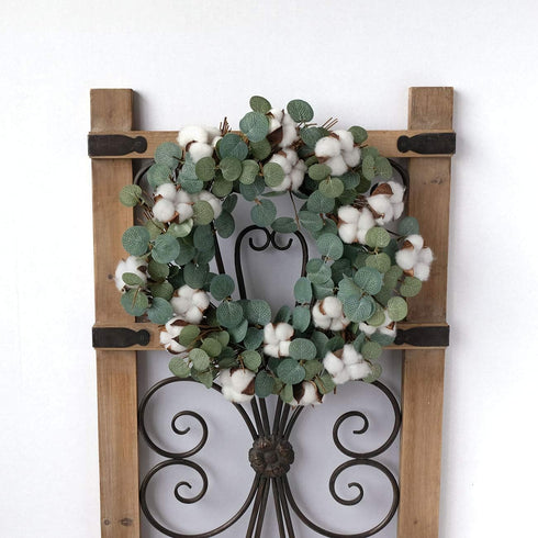Idyllic Eucalyptus and Cotton Wreath, 14 Inches Artificial Decor for Farmhouse, Garden, Wedding, Natural Twig Base