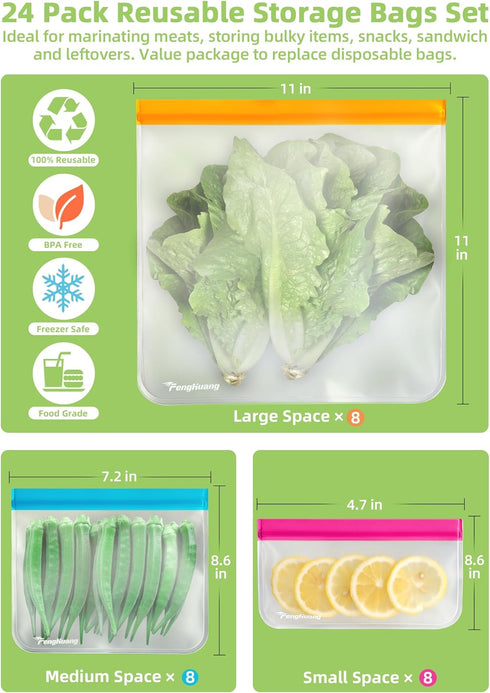 24 Reusable Food Storage Bags, Freezer Bags with Pack BPA FREE (8 Reusable Gallon Bags+8 Leakproof Reusable Sandwich Bags+8 Food Grade Snack Bags) EXTRA THICK Reusbale Lunch Bag for Salad Fruit by FENGHUANG