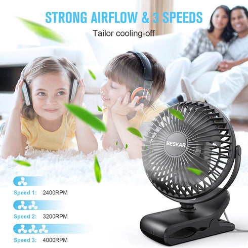 BESKAR Small Clip on Fan, 3 Speeds USB Fan with Strong Airflow, Clip & Desk Fan USB Plug in with Sturdy Clamp - Ultra Quiet operation for Office Dorm Bedroom Stroller by BESKAR