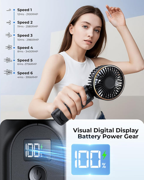 Portable Handheld Fan, 4000mAh, 180 Adjustable, 6 Speed Wind, USB Rechargeable Foldable Personal Fan