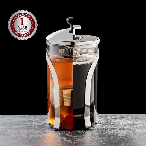 OVENTE 2-in-1 Coffee Press and Tea Maker, High Grade Stainless Steel Infuser, Borosilicate Glass, 27 Ounce, Clear