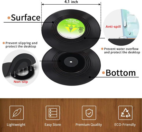 Funny Retro Record Coasters for Drinks, Set of 6 Vinyl Player Holder for Music Lovers, Conversation Piece Drink Coasters