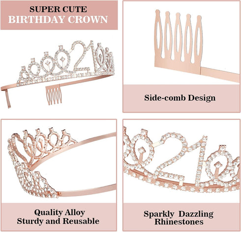 21st Birthday Decorations for Her, Sash and Tiara, Cake Topper, Candles, Gifts for 21 Year Old